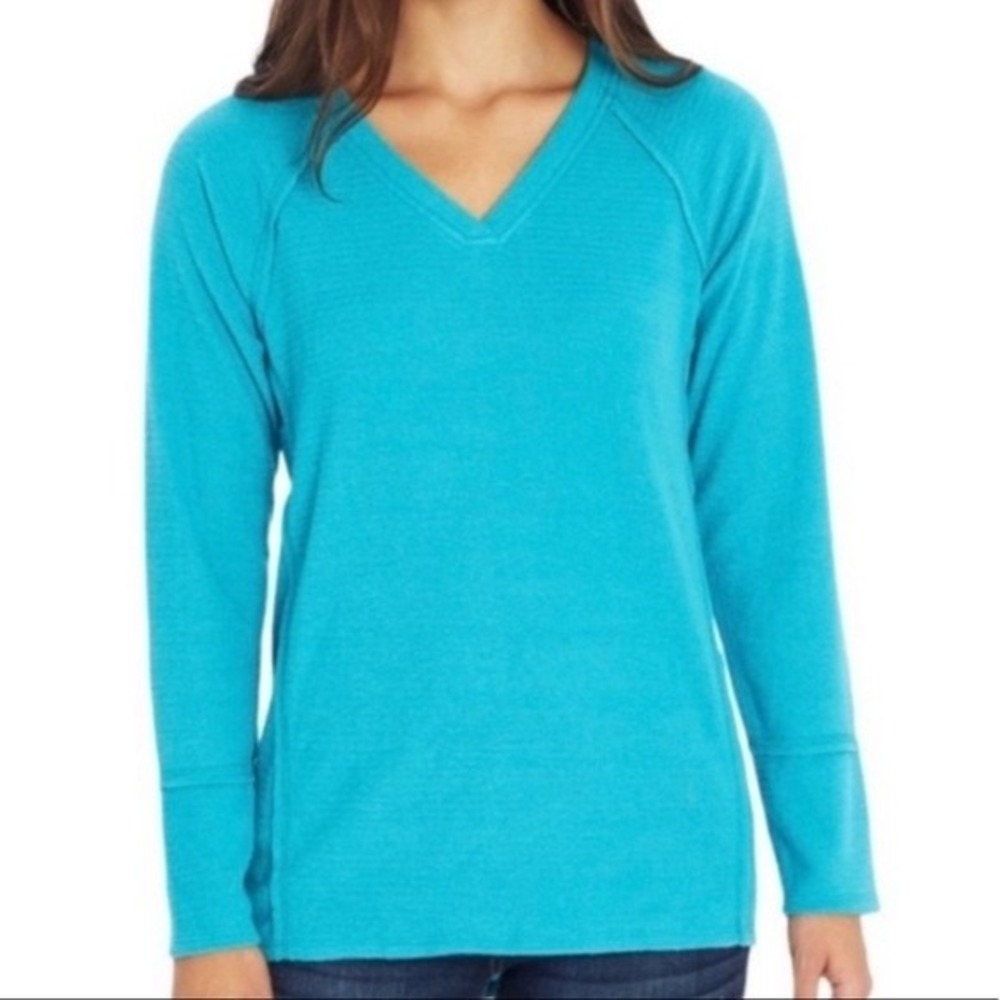 Wildfox Women XL Turquoise Haley Brushed Thermal Waffle Knit V-Neck Raglan Top